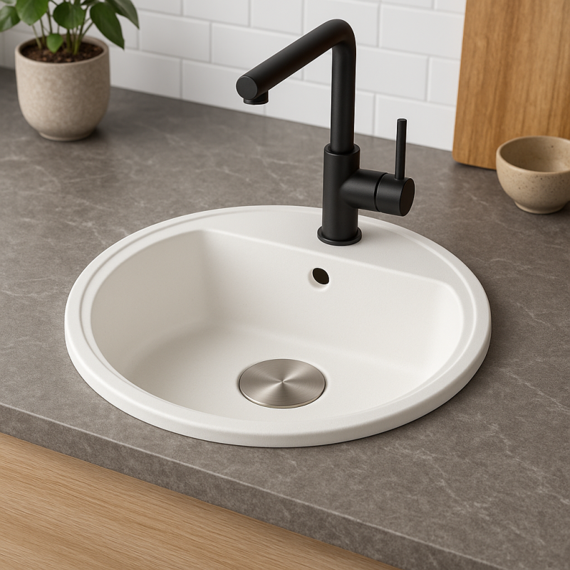 GraniteMy Bremen round granite sink 43 cm white inset and undermount with tap hole bench with stainless steel plug 1208957356